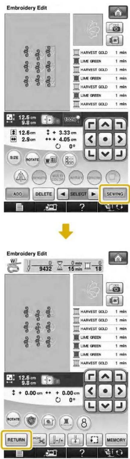 Embroidery Edit 12.6 cm 9.8 cm 12.6 cm + 3.33 cm 2.9 cm ++ + 4.05 cm SIZE ROTATE ADD DELETE SELECT SEWING Embroidery Edit W 9432 0 min 0 15 min 18 12.6 cm 9.8 cm + 0.00 cm + + 0.00 cm 0° RETURN MEMORY