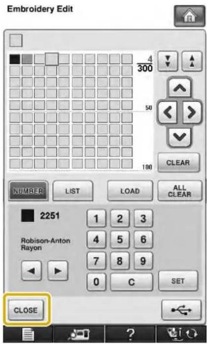 Embroidery Edit 4 300 50 100 CLEAR NUMBER LIST LOAD ALL CLEAR 2251 Robison-Anton Rayon 1 2 3 4 5 6 7 8 9 0 C SET CLOSE