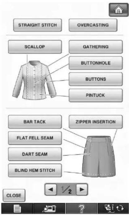 STRAIGHT STITCH OVERCASTING SCALLOP GATHERING BUTTONHOLE BUTTONS PINTUCK BAR TACK ZIPPER INSERTION FLAT FELL SEAM DART SEAM BLIND HEM STITCH CLOSE 1/2