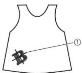 Diagram of a sleeveless dress with a sewing machine needle and a black 'B' symbol, labeled with number ①