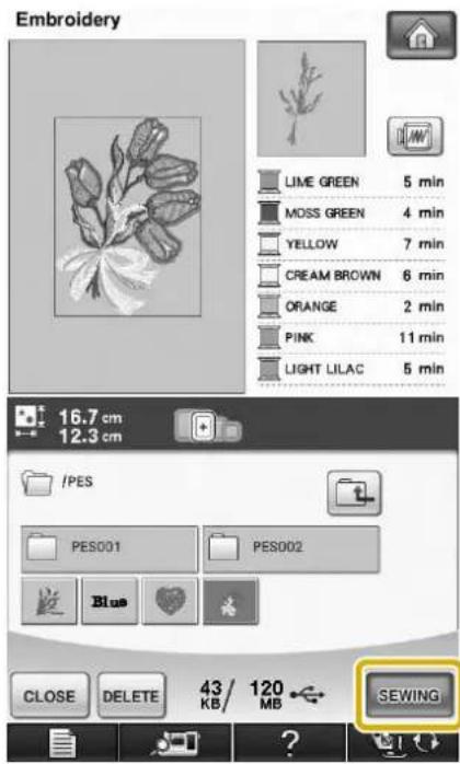 Embroidery LIME GREEN 5 min MOSS GREEN 4 min YELLOW 7 min CREAM BROWN 6 min ORANGE 2 min PINK 11 min LIGHT LILAC 5 min 16.7 cm 12.3 cm IPES PES001 PES002 Blue CLOSE DELETE 43/ 120 SEWING KB/ MB