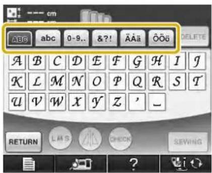 cm ABC abc 0-9.. &?! ÄÄä ÖÖö DELETE A B C D E F G H I J K L M N O P Q R S T U V W X Y Z ' - RETURN LMS CHECK SEWING