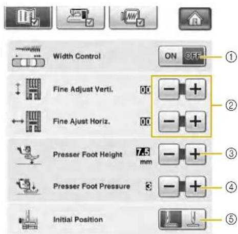 Width Control Fine Adjust Verti. Fine Ajust Horiz. Presser Foot Height Presser Foot Pressure Initial Position