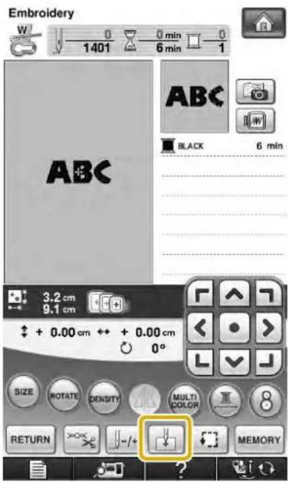 Embroidery W 0 0 min 0 1401 6 min 1 ABC BLACK 6 min 3.2 cm 9.1 cm + 0.00 cm + + 0.00 cm 0° SIZE ROTATE DENSITY MULTI COLOR RETURN -/+ MEMORY