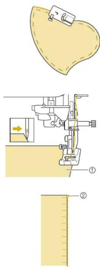Technical diagram illustrating sewing process steps with labeled parts and directional arrows
