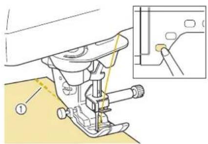 Technical diagram of a sewing machine with labeled component and zoomed-in detail view