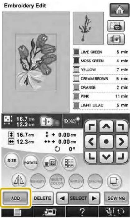 Embroidery Edit LIME GREEN 5 min MOSS GREEN 4 min YELLOW 7 min CREAM BROWN 6 min ORANGE 2 min PINK 11 min LIGHT LILAC 5 min 16.7 cm 100% 12.3 cm 16.7 cm + 0.00 cm 12.3 cm + + 0.00 cm SIZE ROTATE DENSITY MULTI COLOR ARRAY GRAPIN ADD DELETE SELECT SEWING