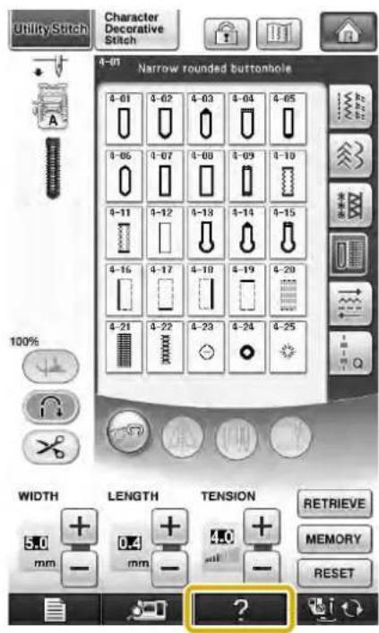 Utility Stitch Character Decorative Stitch 4-01 Narrow rounded buttonhole 4-01 4-02 4-03 4-04 4-05 4-05 4-07 4-08 4-09 4-10 4-11 4-12 4-13 4-14 4-15 4-16 4-17 4-18 4-19 4-20 4-21 4-22 4-23 4-24 4-25 WIDTH LENGTH TENSION RETRIEVE mm - mm - - MEMORY RESET