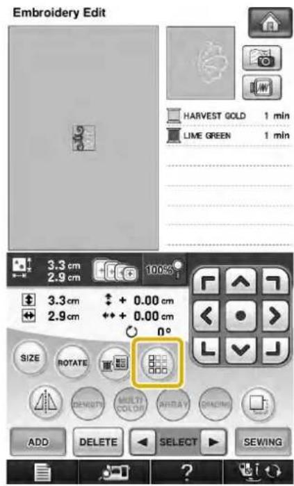 Embroidery Edit HARVEST GOLD 1 min LIME GREEN 1 min 3.3 cm 2.9 cm 100% 3.3 cm + 0.00 cm 2.9 cm + 0.00 cm 0° SIZE ROTATE DENSIVE MULTI COLOR ARRAY CRADING ADD DELETE SELECT SEWING