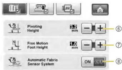 Pivoting Height 32 mm Free Motion Foot Height 10 mm Automatic Fabric Sensor System ON OFF ⑥ ⑦ ⑧