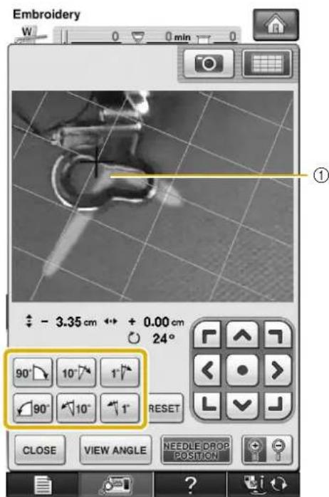 Embroidery W 0 min 0 ① - 3.35 cm ↔ + 0.00 cm 24° 90° 10° 1° 90° 10° 1° RESET CLOSE VIEW ANGLE NEEDLE DROP POSITION