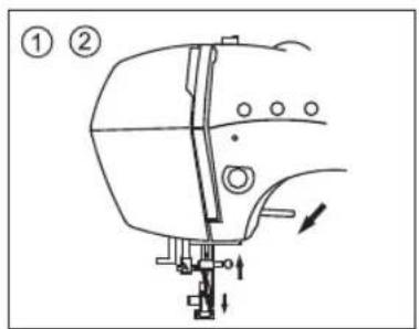 Technical diagram of a mechanical device with numbered parts and directional arrows indicating motion or assembly.