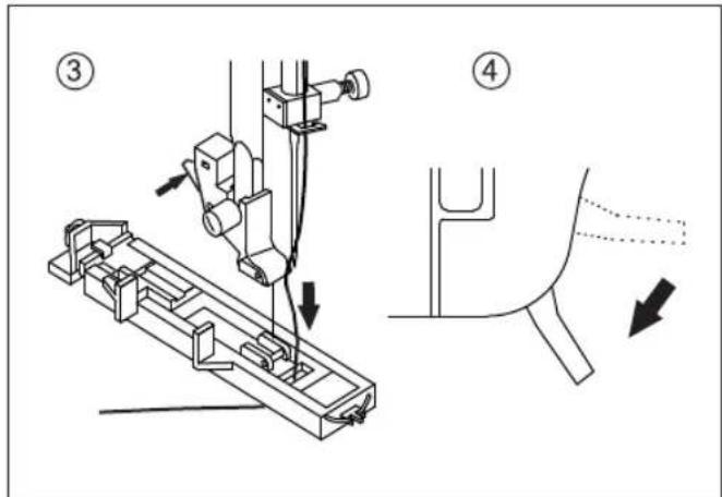 Technical diagram showing mechanical assembly steps with numbered annotations and directional arrows indicating motion or force directions.