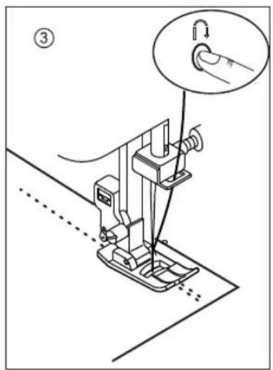 Technical diagram of a sewing machine with labeled parts and a hand gesture indicator