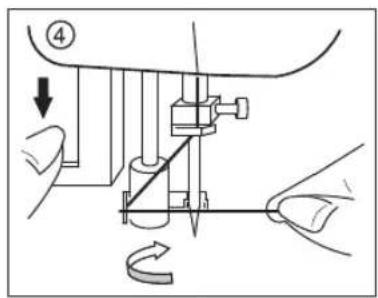 Technical diagram showing a sewing machine needle insertion process with labeled parts and directional arrows