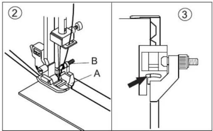 Technical diagram showing two different sewing machine configurations labeled ② and ③, with parts marked A, B, and a tool.