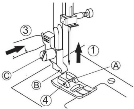 Technical diagram of a sewing machine with labeled parts and directional arrows indicating movement or assembly.