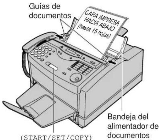 Guias de documentos CARA IMPRESA HACIA ABAJO (hasta 15 hojas) (BANDEJA DEL ALIMENTADOR DE DOCUMENTOS) (START/SET/COPY)