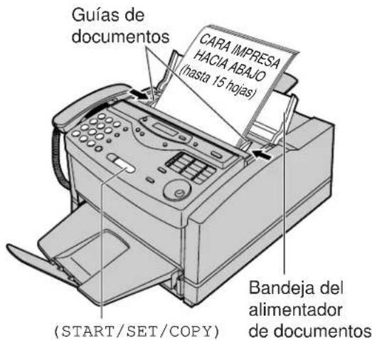 Guías de documentos CARA IMPRESA HACIA ABAJO (hasta 15 hojas) (BANDEJA DEL ALIMENTADOR de documentos (START/SET/COPY)