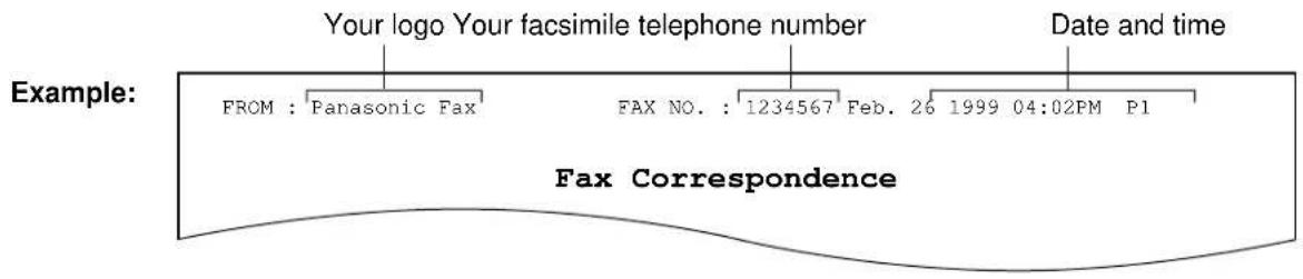 Your logo Your facsimile telephone number FROM : Panasonic Fax FAX NO. : 1234567 Feb. 26 1999 04:02PM P1 Date and time Example: Fax Correspondence