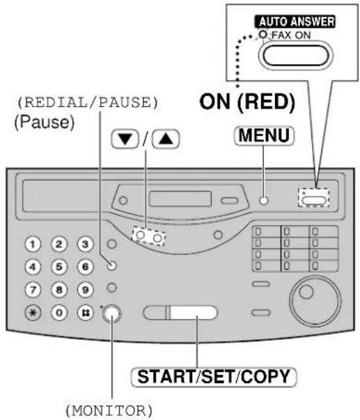 (REDIAL/PAUSE) (Pause) ▼ / ▲ AUTO ANSWER FAX ON ON (RED) MENU 1 2 3 4 5 6 7 8 9 * 0 # START/SET/COPY (MONITOR)