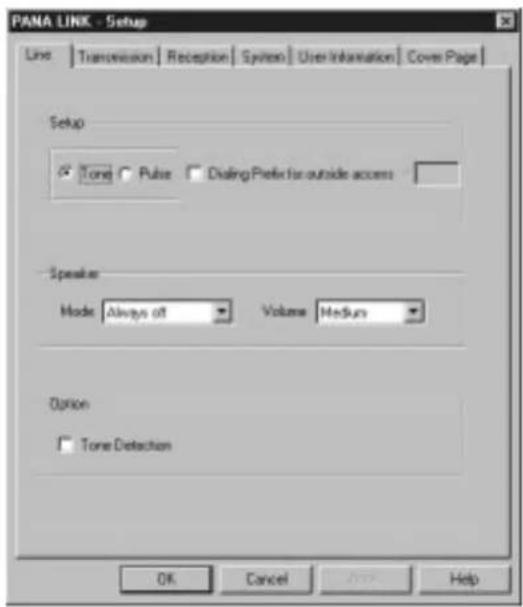PANA LINK - Setup Line | Transmission | Reception | System | User Information | Cover Page | Setup Tone Pulse Dialog Preference for outside access Speaker Mode Always off Volume Mediums Option Tone Detection OK Cancel Help