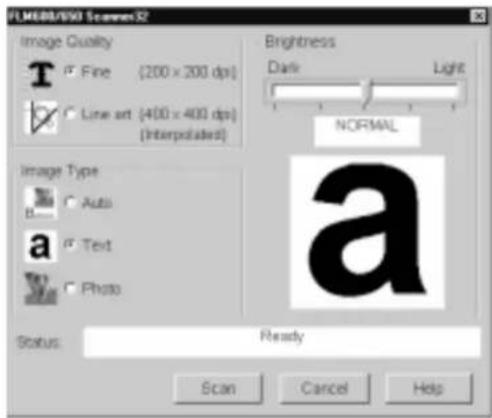 FLM60/ISO Scavens32 Image Quality Fine (200 x 200 dpi) Line art (400 x 400 dpi) (Interpolated) Brightness Dark Light NORMAL Image Type Auto Text Photo Status: Ready Scan Cancel Help