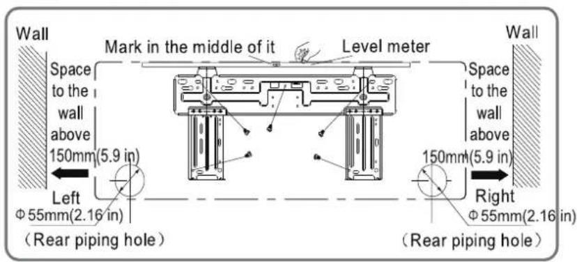 Wall Space to the wall above 150mm(5.9 in) Left Φ 55mm(2.16 in) (Rear piping hole) Mark in the middle of it Level meter Wall Space to the wall above 150mm(5.9 in) Right Φ 55mm(2.16 in) (Rear piping hole)