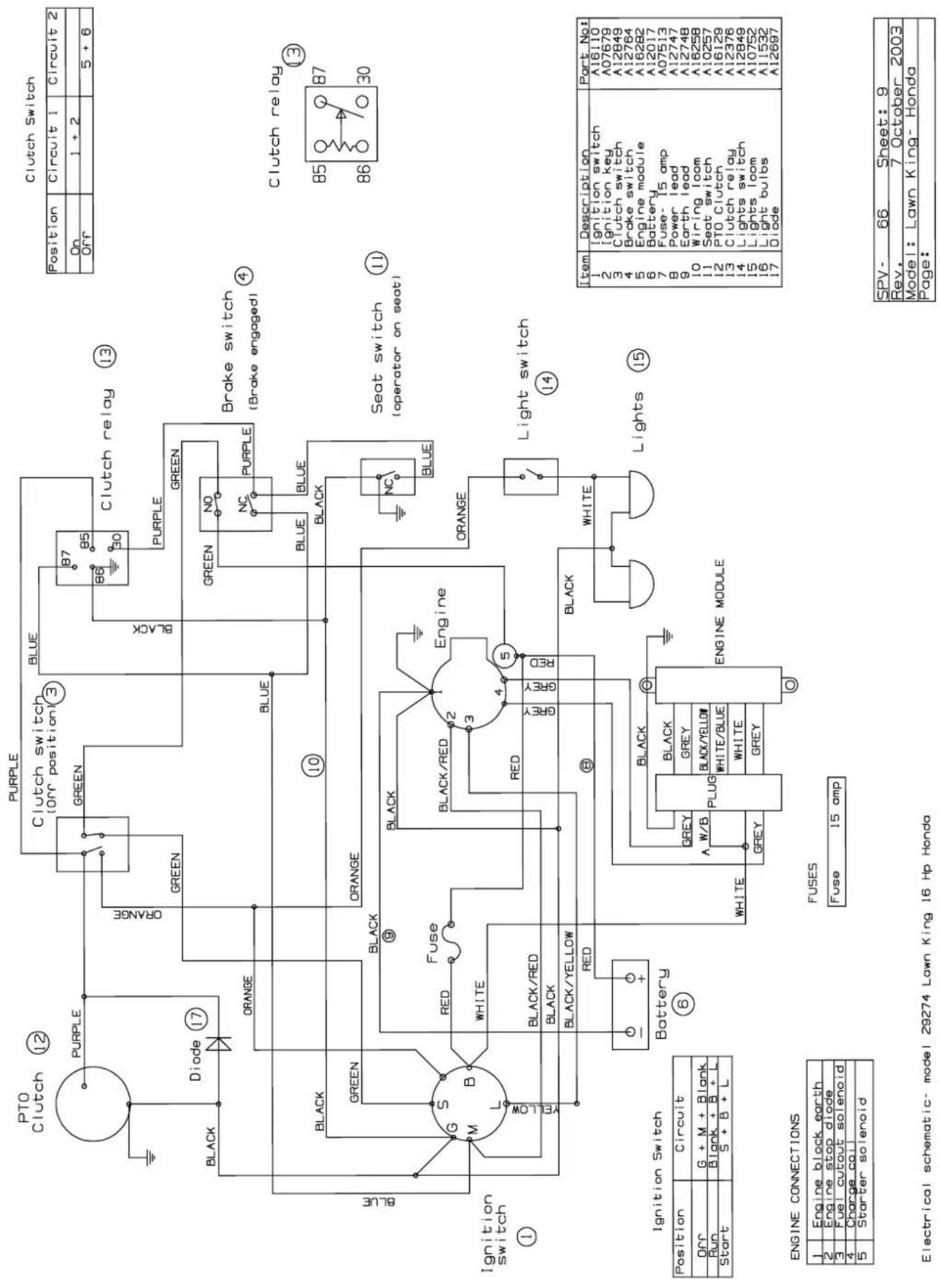 Rover Rancher 29274 - Electrical system - 16Hp Honda Lawn King - 1