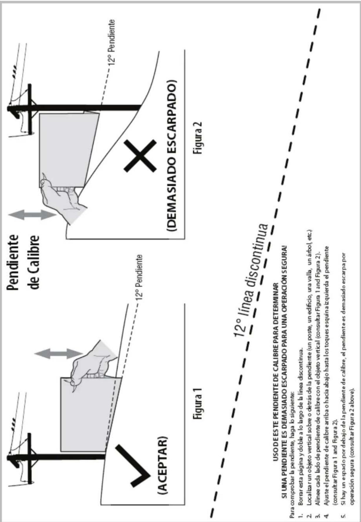 Pendiente de Calibre 12° Pendiente (ACEPTAR) Figura 1 (DEMASIADO ESCARPADO) Figura 2 12° Pendidente 12° línea discontinua USODE ESTE PENDIENTE DE CALIBRE PARA DETERMINAR SI UNA PENDIENTE ES DEMASIADO ESCARPADO PARA UNA OPERACIÓN SEGURA! Para comprobar la pendiente, haga lo siguiente: 1. Borrar esta página y doble a lo largo de la línea discontinua. 2. Localizar un objeto vertical sobre o detrás de la pendiente (un poste, un edificio, una valla, un árbol, etc.) 3. Alinee cada lado de pendiente de calibre con el objeto vertical (consultar Figura 1 and Figura 2). 4. Ajuste el pendiente de calibre arriba o hacia abajo hasta los toques esquina izquierda el pendiente (consultar Figura 1 and Figura 2). 5. Si hay un espacio por debajo de la pendiente de calibre, el pendiente es demasiado escarpa por operación segura (consultar Figura 2 above).