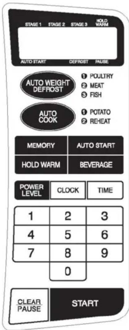 STAGE 1 STAGE 2 STAGE 3 HOLD WARM AUTO START DEFROST PAUSE AUTO WEIGHT DEFROST 1 POULTRY 2 MEAT 3 FISH AUTO COOK 1 POTATO 2 REHEAT MEMORY AUTO START HOLD WARM BEVERAGE POWER LEVEL CLOCK TIME 1 2 3 4 5 6 7 8 9 0 CLEAR PAUSE START
