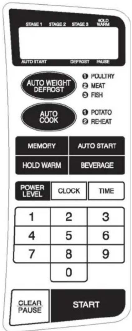 STAGE 1 STAGE 2 STAGE 3 HOLD WARM AUTO START DEFROST PAUSE AUTO WEIGHT DEFROST ① POULTRY ② MEAT ③ FISH AUTO COOK ① POTATO ② REHEAT MEMORY AUTO START HOLD WARM BEVERAGE POWER LEVEL CLOCK TIME 1 2 3 4 5 6 7 8 9 0 CLEAR/PAUSE START