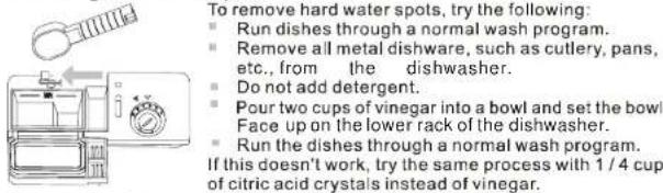 To remove hard water spots, try the following: ■ Run dishes through a normal wash program. ■ Remove all metal dishware, such as cutlery, pans, etc., from the dishwasher. ■ Do not add detergent. ■ Pour two cups of vinegar into a bowl and set the bowl. Face up on the lower rack of the dishwasher. ■ Run the dishes through a normal wash program. If this doesn't work, try the same process with 1 / 4 cup of citric acid crystals instead of vinegar.