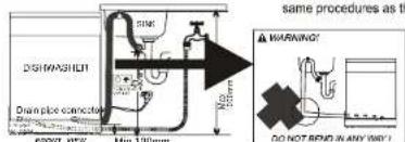 DISH MASHILL Drain pipe connector MAX 130mm Max 125mm SIN WARNING! DO NOT BEND IN ANY WAY!