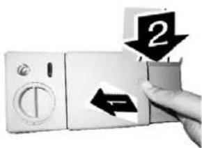 Diagram showing a hand pressing down an electrical switch with directional arrows and a labeled step '2'