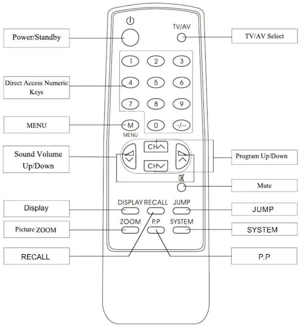 Power/Standby TV/AV TV/AV Select Direct Access Numeric Keys 1 2 3 4 5 6 7 8 9 MENU M MENU -/-- Sound Volume Up/Down CH CH Program Up/Down Mute Display DISPLAY RECALL JUMP JUMP ZOOM P.P SYSTEM Picture ZOOM SYSTEM RECALL P.P