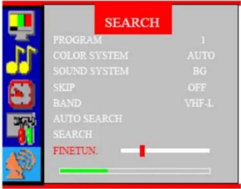 SEARCH PROGRAM 1 COLOR SYSTEM AUTO SOUND SYSTEM BG SKIP OFF BAND VHF-L AUTO SEARCH SEARCH FINETUN.