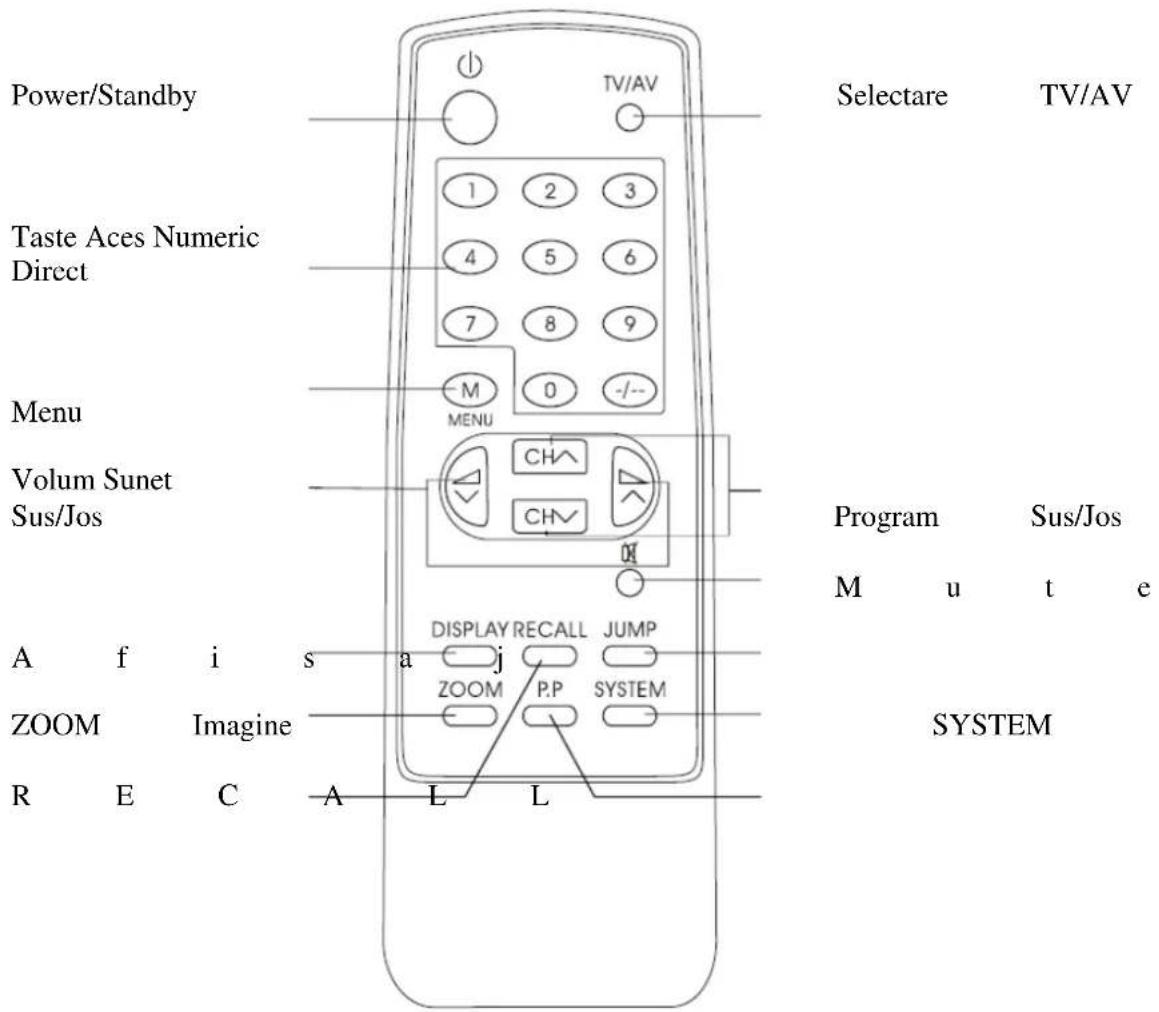 Power/Standby TV/AV Selectare TV/AV Taste Aces Numeric Direct 1 2 3 4 5 6 7 8 9 M MENU -/-- Menu Volum Sunet Sus/Jos CH CH Program Sus/Jos M u t e A f i s a j DISPLAY RECALL JUMP ZOOM P.P SYSTEM SYSTEM ZOOM Imagine R E C A L L