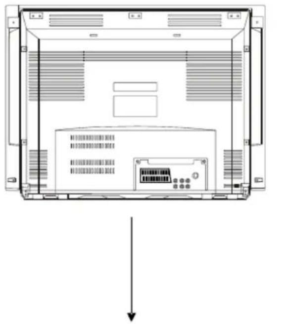 Diagram of a front view of an electronic device chassis with internal components and ventilation grilles (no text or symbols)
