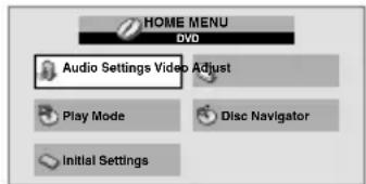 HOME MENU DVD Audio Settings Video Adjust Play Mode Disc Navigator Initial Settings