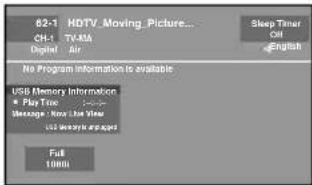 62-1 HDTV Moving Picture... CH-1 TVAM Digital Air Sleep Timer Off English No Program Information is available USB Memory Information Play Time Message: Not Live Time USB Memory is installed Full 100ms