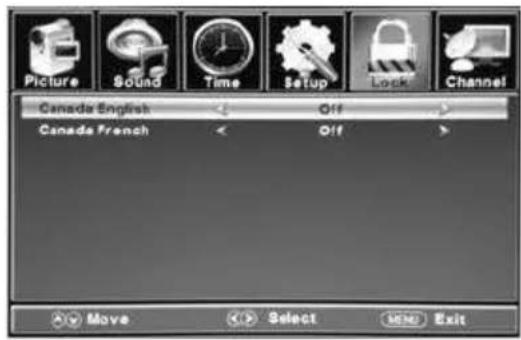 Picture Sound Time Setup Lock Channel Canada English Off Canada French Off Move Select MENU Exit