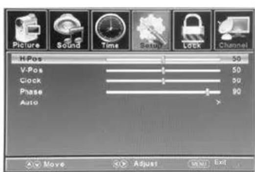 Picture Sound Time Setup Lock Channel H-Pos 50 V-Pos 50 Clock 50 Phase 90 Auto Move Adjust Menu Exit