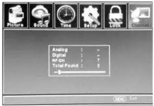 Picture Sound Time Setup Lock Channel Analog : - Digital : - RF CH : 7 Total Found : 0 Exit