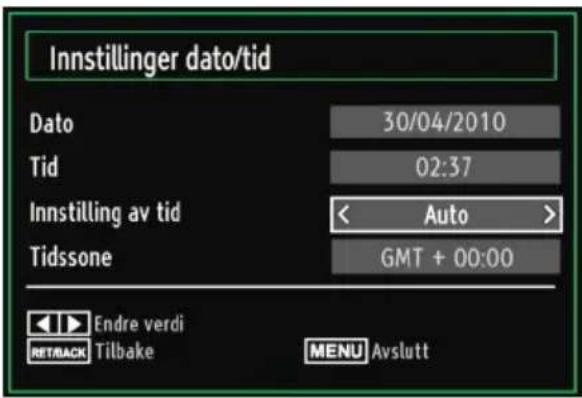 Innstillinger dato/tid Dato 30/04/2010 Tid 02:37 Innstilling av tid < Auto > Tidssone GMT + 00:00 Endre verdi RETRACK Tilbake MENU Avslutt
