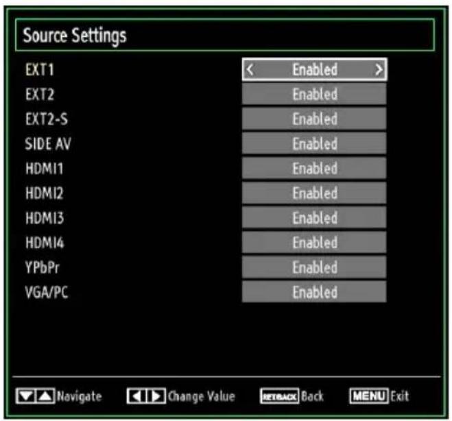 Source Settings EXT1 < Enabled > EXT2 Enabled EXT2-S Enabled SIDE AV Enabled HDMI1 Enabled HDMI2 Enabled HDMI3 Enabled HDMI4 Enabled YPbPr Enabled VGA/PC Enabled Navigate Change Value RETBACK Back MENU Exit