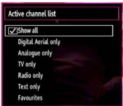 Active channel list ✓Show all Digital Aerial only Analogue only TV only Radio only Text only Favourites