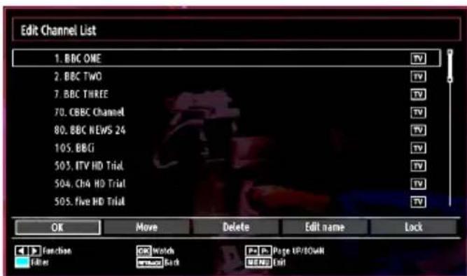 Edit Channel List 1. BBC ONE 2. BBC TWO 7. BBC THREE 70. CBBC Channel 80. BBC NEWS 24 105. BBGI 505. ITV HD Trial 504. CH4 HD Trial 505. five HD Trial OK Move Delete Edit name Lock ▶ Function CR Watch F+ P Page IP/80xW Filter Write Back MENO Exit