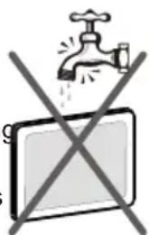 Safety warning symbol showing a faucet above a monitor with crossed-out lines indicating prohibition or exclusion.