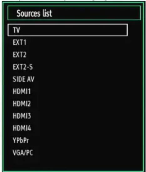 Sources list TV EXT1 EXT2 EXT2-S SIDE AV HDMI1 HDMI2 HDMI3 HDMI4 YPbPr VGA/PC